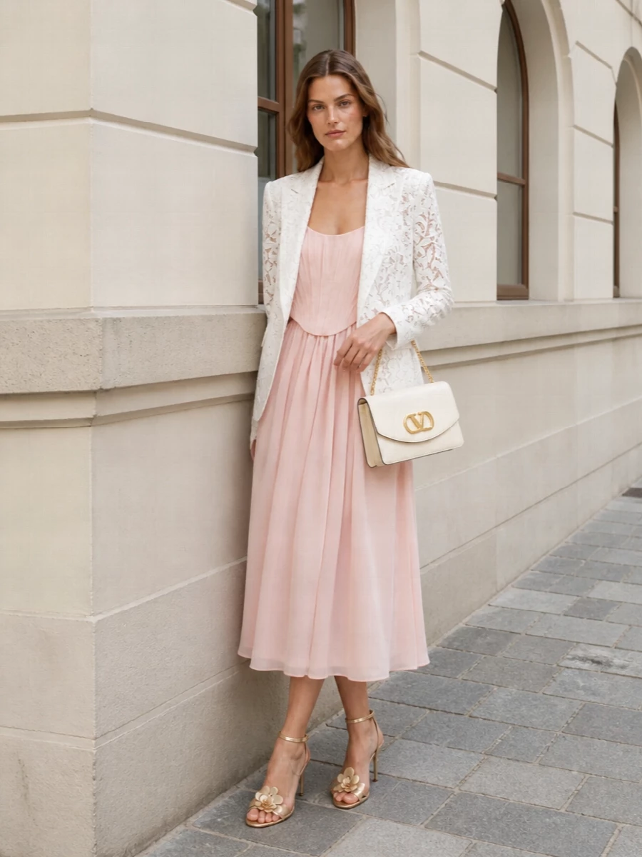 Zimmermann lace blazer blush midi dress outfit
