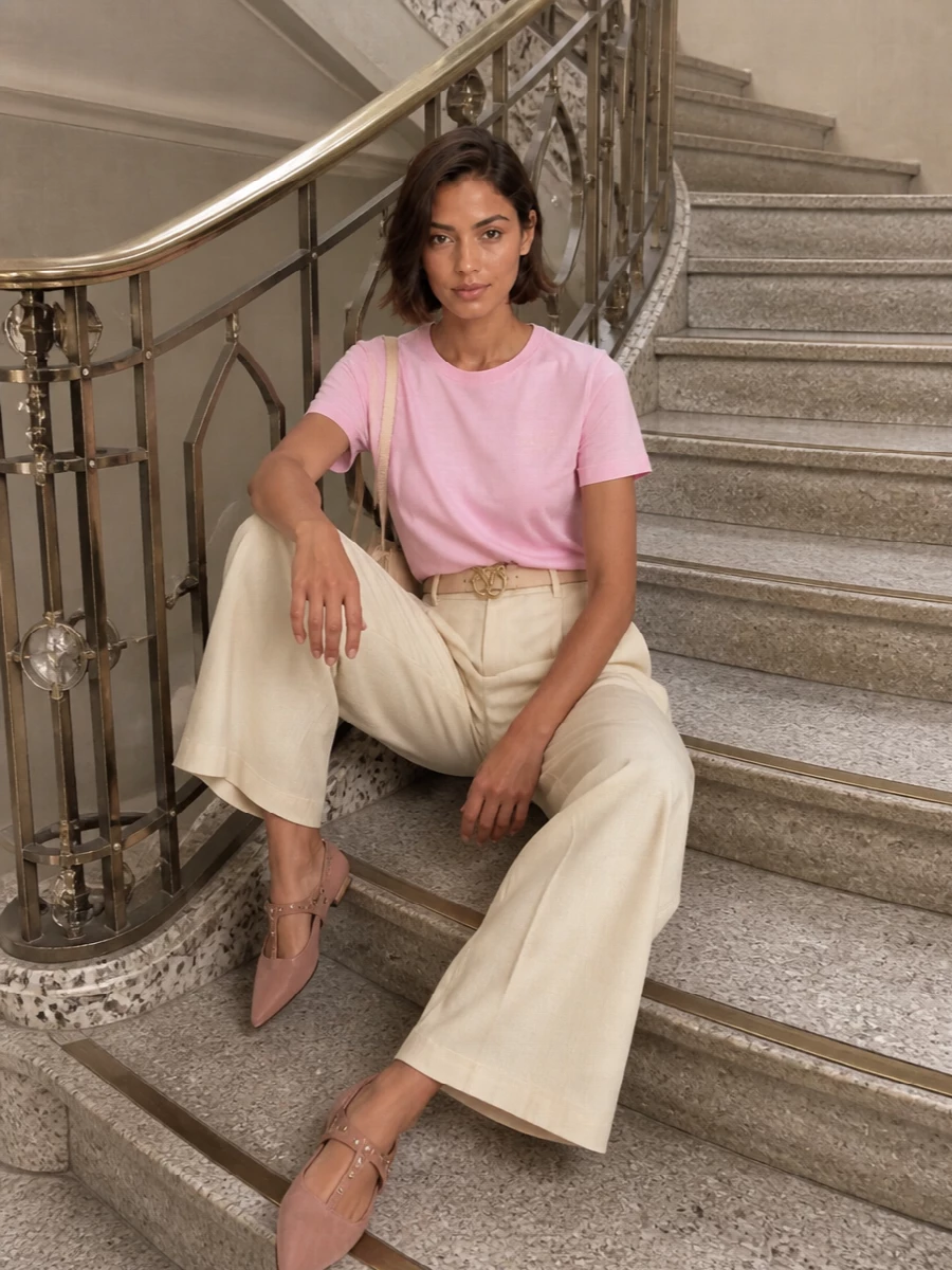 Soft blush and buttercream neutrals meet in a quietly precise pairing that feels fresh and relaxed. The high-rise, pleated wide leg sets a long, easy line, grounded by pointed flats that keep things sharp but unfussy. A curved shoulder bag and slim blush belt echo the palette, giving a considered finish without crowding the simplicity of the tee and trouser combination.