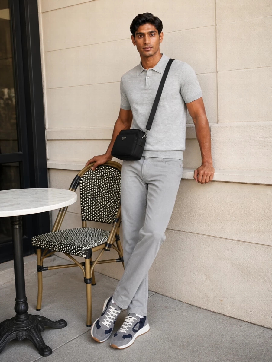 Prada grey knit polo light trousers outfit