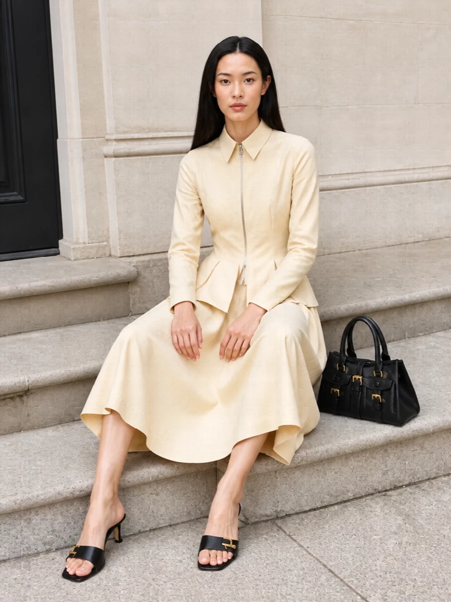 Opting for the sculpted Bottega Veneta midi dress keeps everything anchored in one clean, architectural line that suits the Mulberry satchel’s structured, quiet authority. The black Balenciaga mules echo the bag’s depth and hardware accents, keeping the mood polished but restrained for city dinners or discreet events. The result is a minimalist, high-tier mix that reads confident and considered without a single unnecessary detail.
