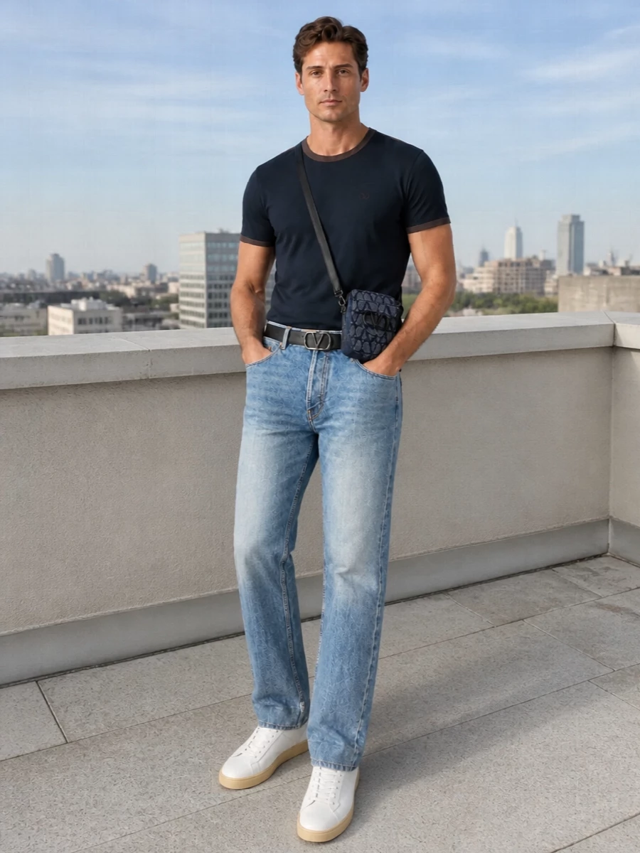 Valentino mens jeans navy tee white sneakers