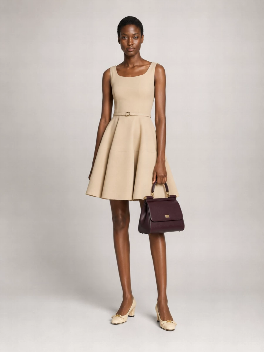 A sculpted Fendi beige midi paired with the deep aubergine satchel creates a quietly commanding palette of soft neutrals punctuated by rich wine. The Valentino buttercream pumps keep the line graceful and discreet, letting the clean tailoring and gold accents speak in a low, confident register. This path leans into a singular, architectural dress to mirror the bag’s structured femininity, rather than breaking the silhouette with separate tailoring.