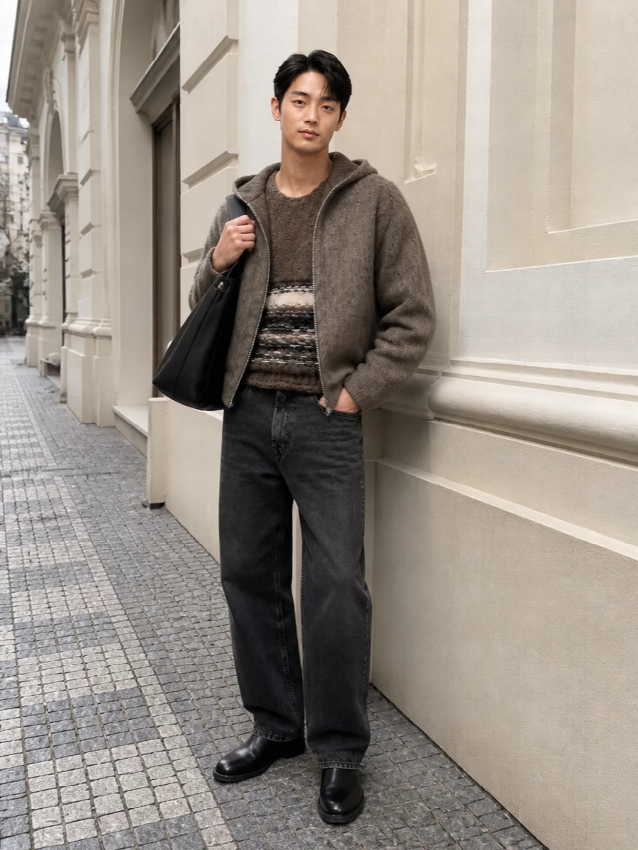 Our legacy taupe hooded jacket black jeans outfit