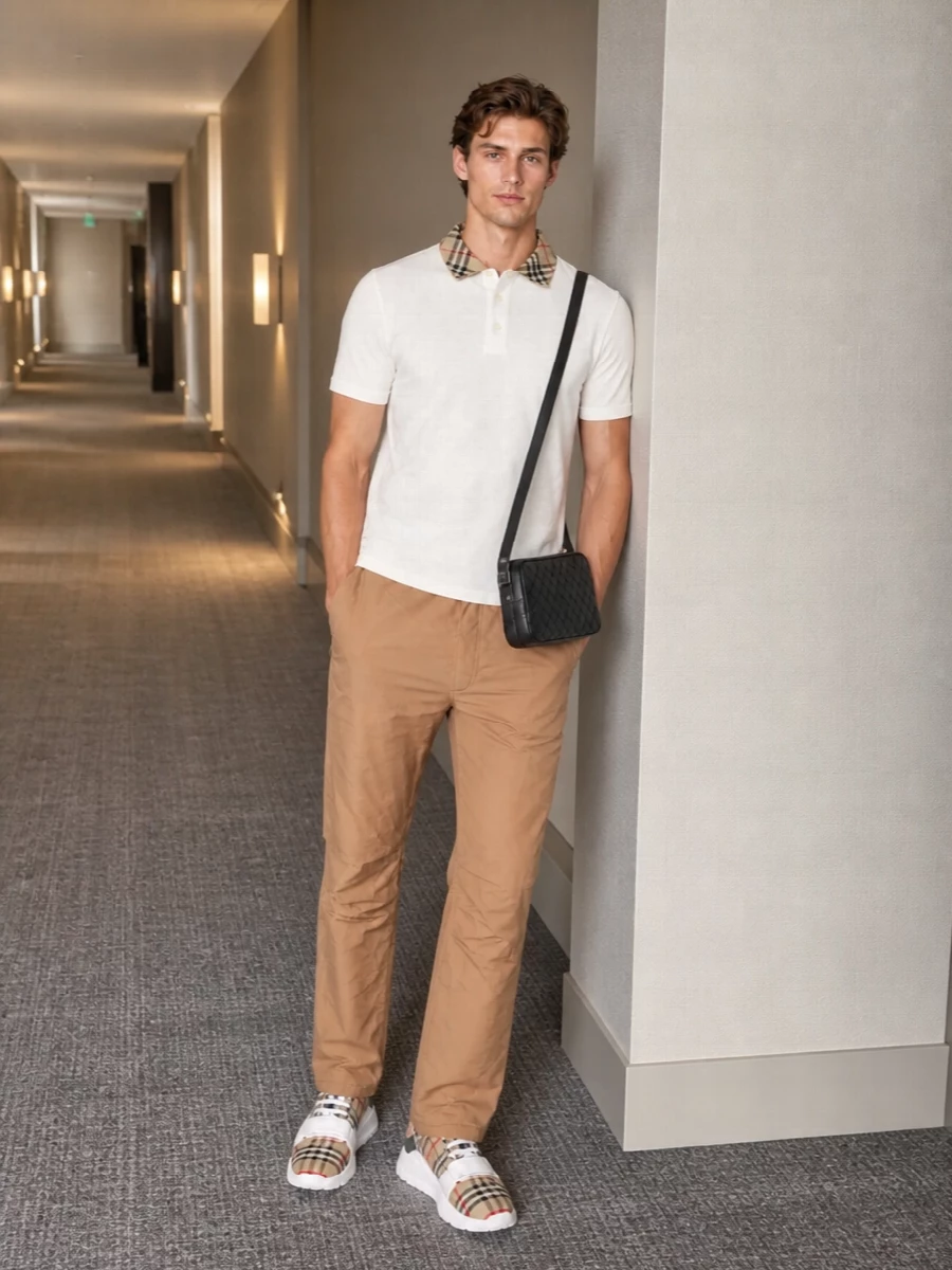 Burberry sneaker outfit polo camel trousers