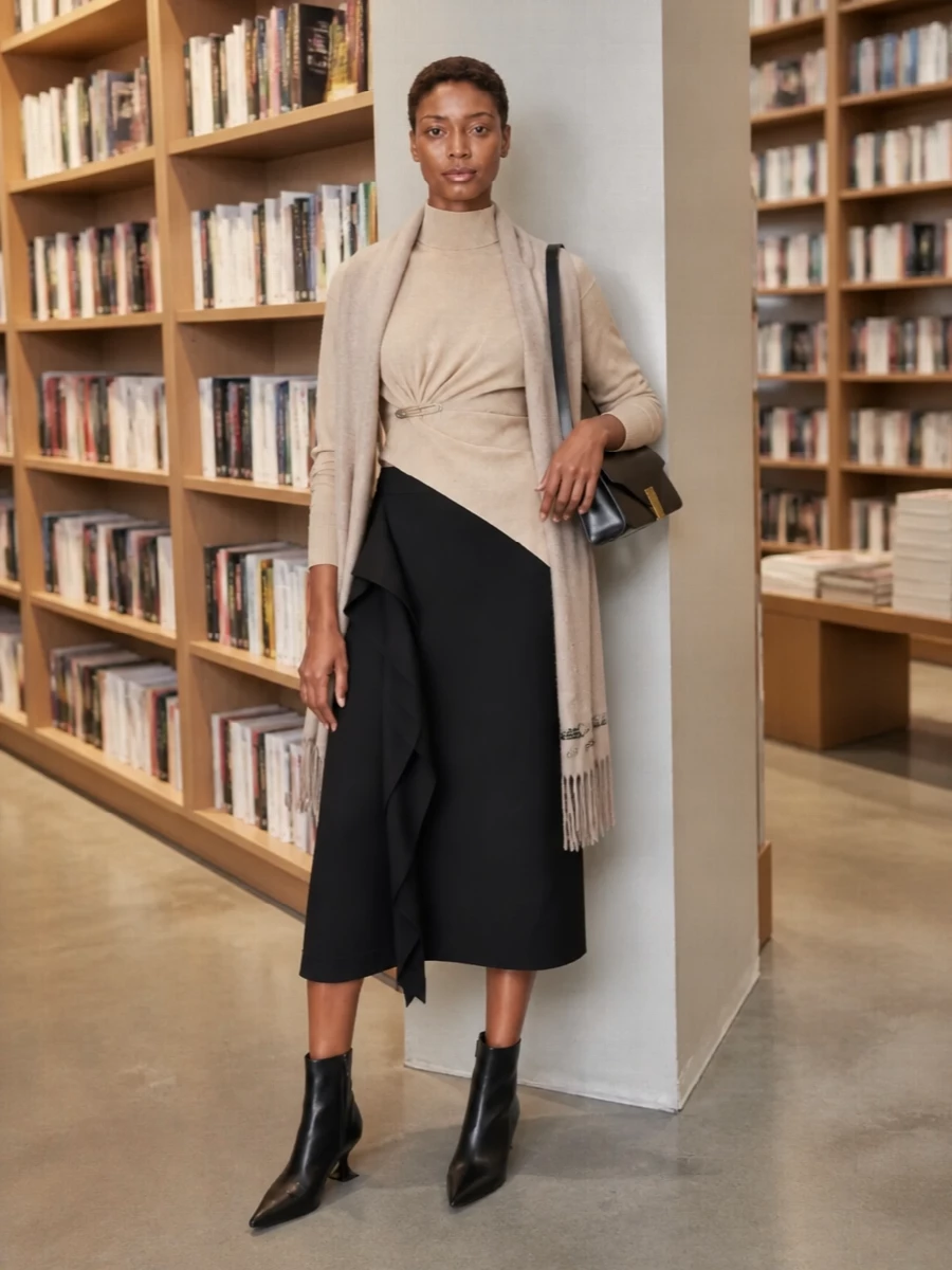 Lanvin asymmetric knit black midi skirt outfit