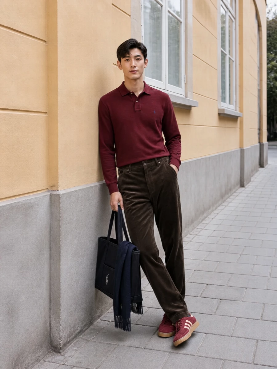 Burgundy, chocolate corduroy and navy come together in a muted collegiate palette that feels relaxed but considered. The straight, regular lines keep the outfit easy to wear while quiet texture shifts do the work. It is an understated Polo-centric uniform for cool days when you want polish without formality.