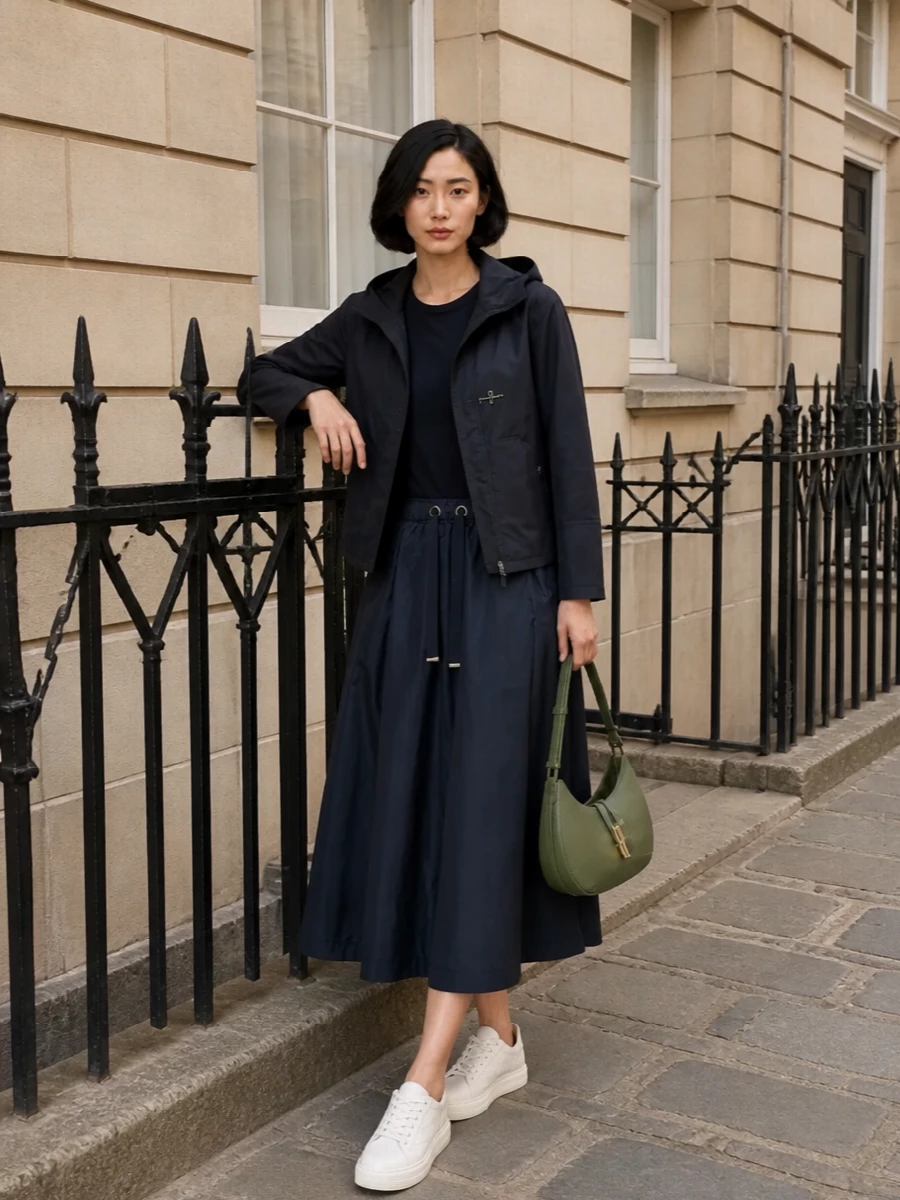 Fay navy jacket herno midi dress outfit