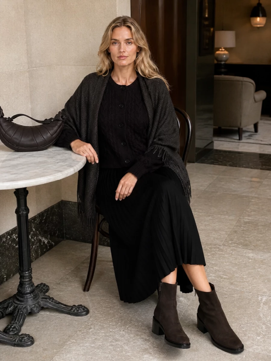 Lisa yang cardigan black pleated midi skirt