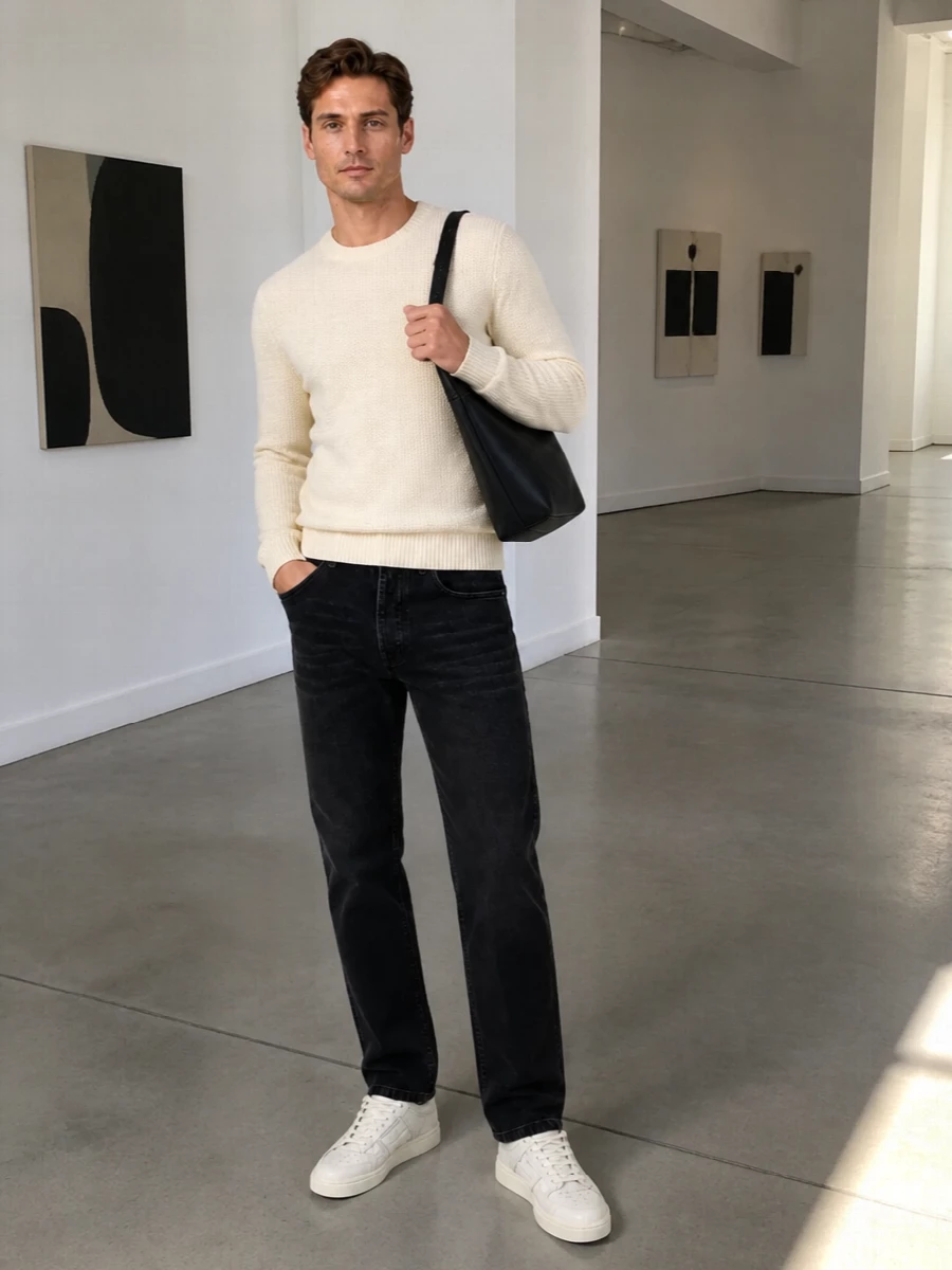 Amiri buttercream knit washed black jeans prada bag