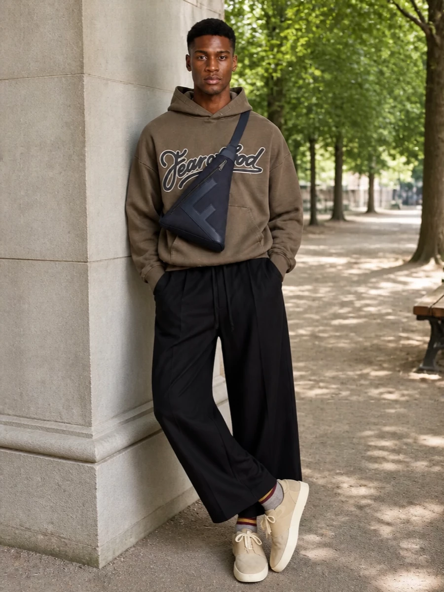 Fear of god taupe hoodie wide leg trouser outfit