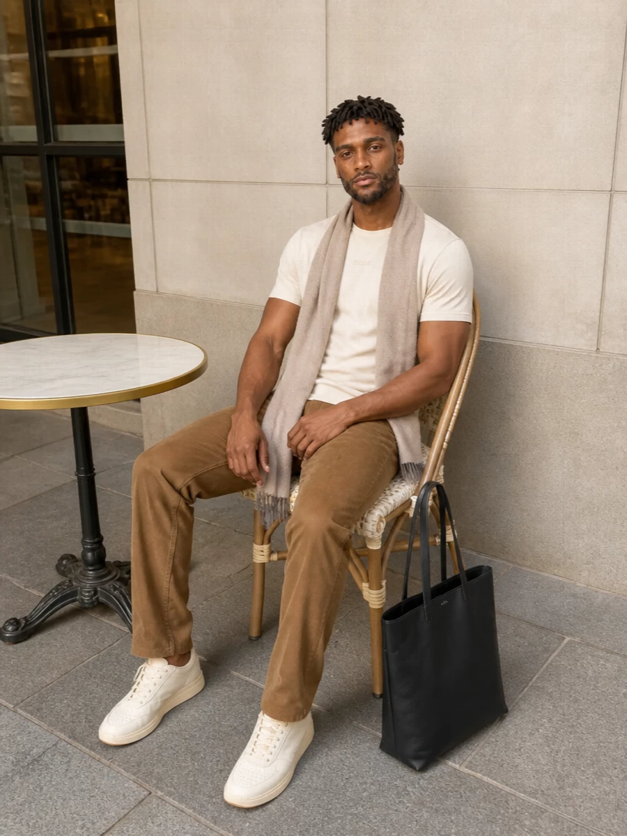 Boss beige t shirt camel trousers sneakers