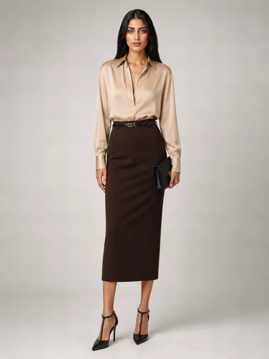 Tom Ford Silk Satin Long-Sleeve Polo Blouse