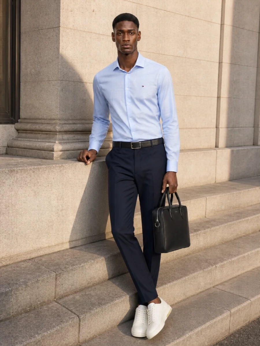 A light-blue Tommy Hilfiger shirt sits against sharp navy Pt Torino tailoring for a clean, modern take on business casual. Off-white sneakers keep it relaxed but refined, while the navy belt and black Boss briefcase anchor everything with quiet structure. It is the kind of combination that works as well for the office as it does for dinner in the city.