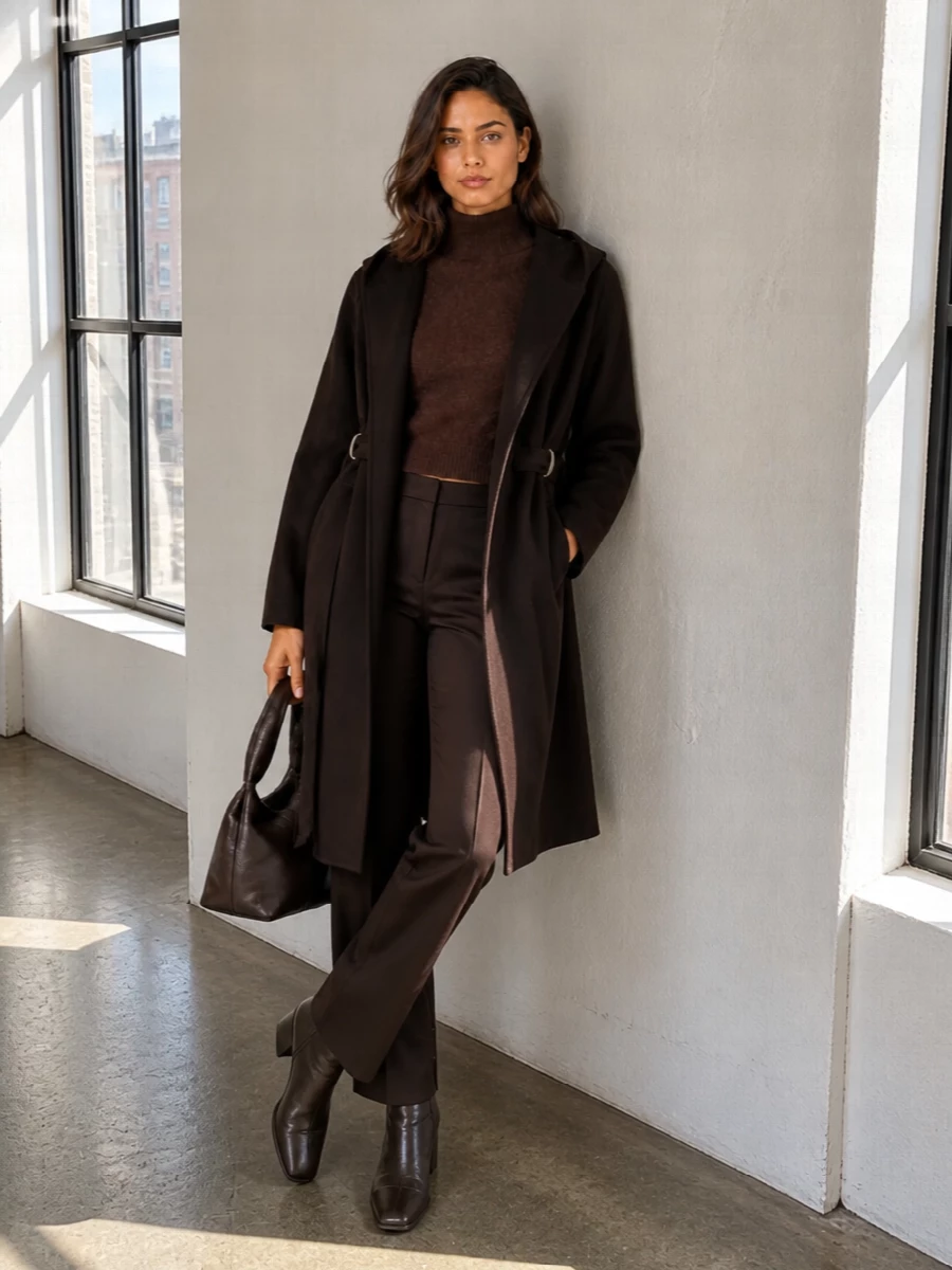 I am building around the coat as outerwear with tailored separates rather than a dress, because the straight trouser and compact knit echo its city-day brief and keep the mood modern and utilitarian. Deep, near-tonal chocolates stack from knit to trouser to accessories, with the burnished boot and sculptural bag subtly shifting between brown and black so the espresso coat reads intentional, not heavy. The result is a long, lean line that feels quietly powerful yet relaxed enough for real life, from dark denim-adjacent days to late meetings and low-key dinners.