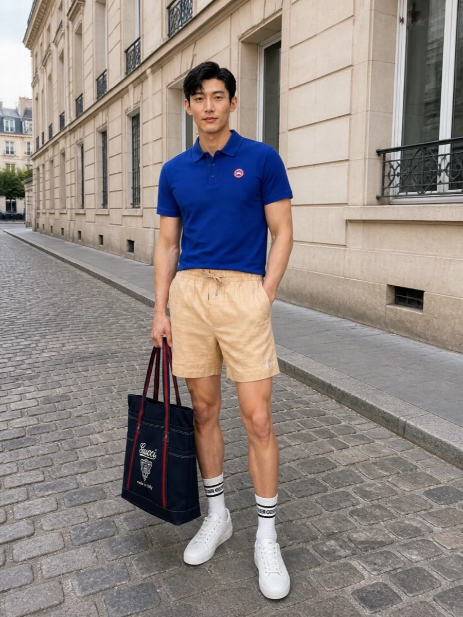 Royal blue and sand beige keep this combination sharp yet relaxed, with the tailored-feel swim short giving the polo a resort-meets-city edge. Clean white sneakers and striped socks underline the athletic energy, while the Gucci tote adds a confident, sport-preppy statement that still feels practical for full summer days out.
