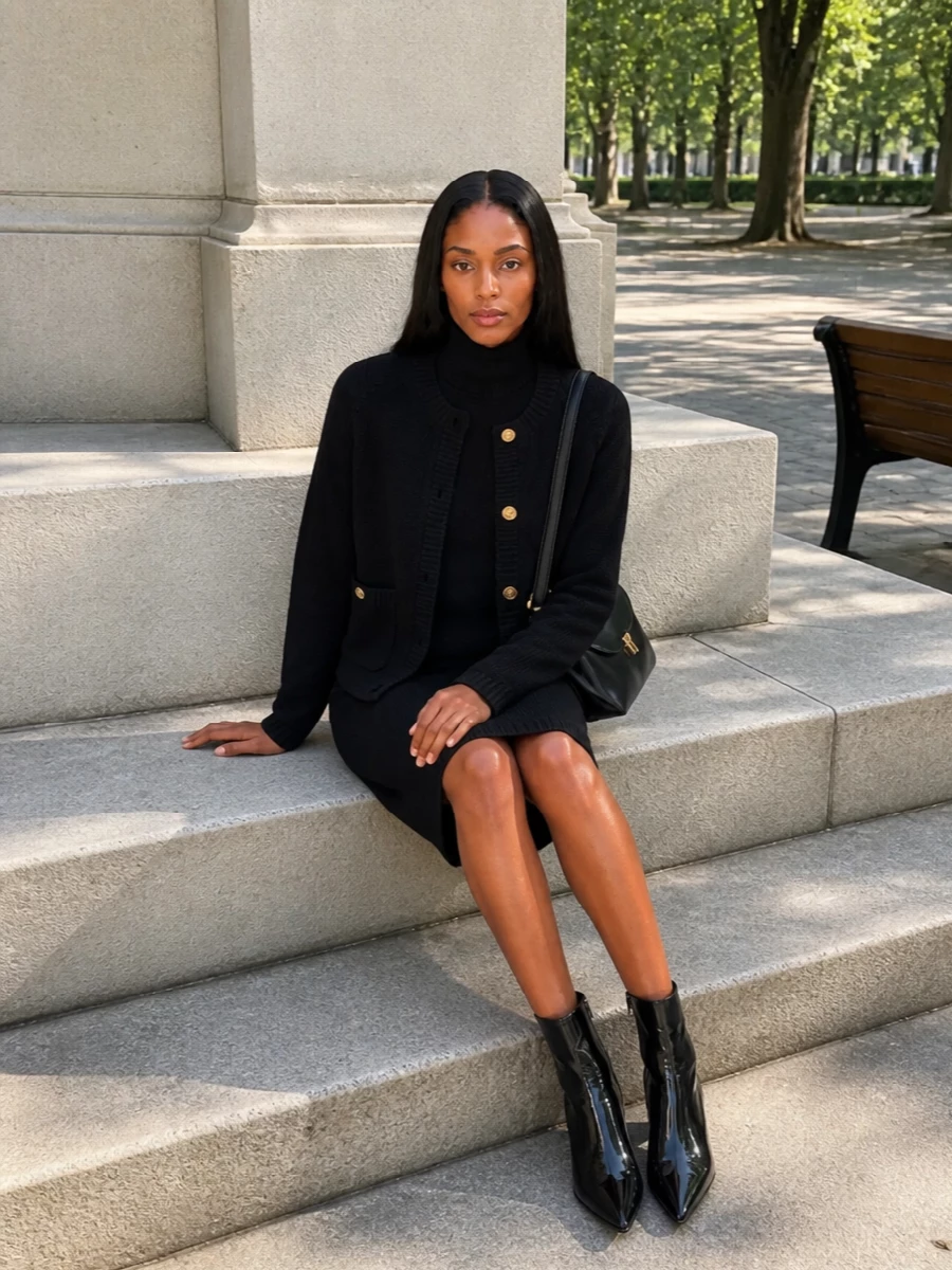 Toteme black knit dress cardigan ankle boots