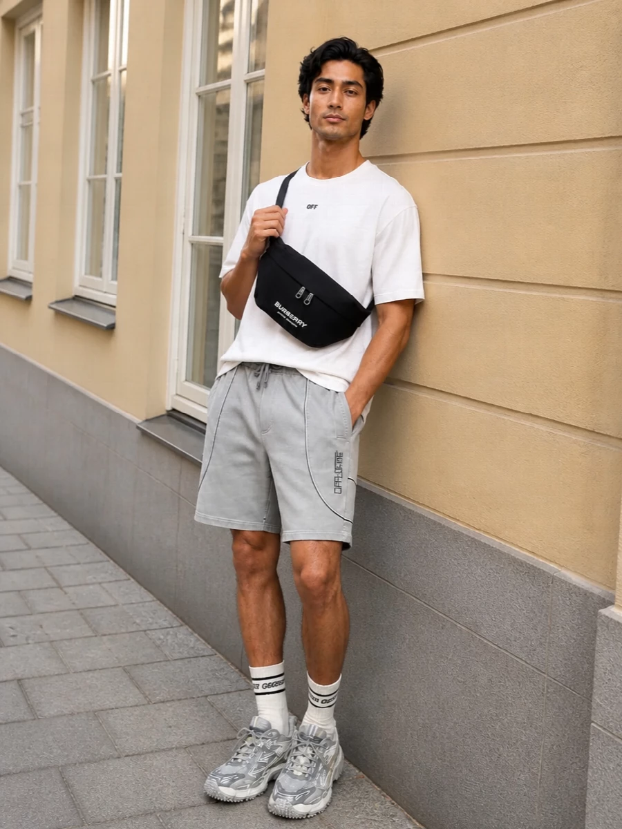 Off white track shorts outfit trail sneakers