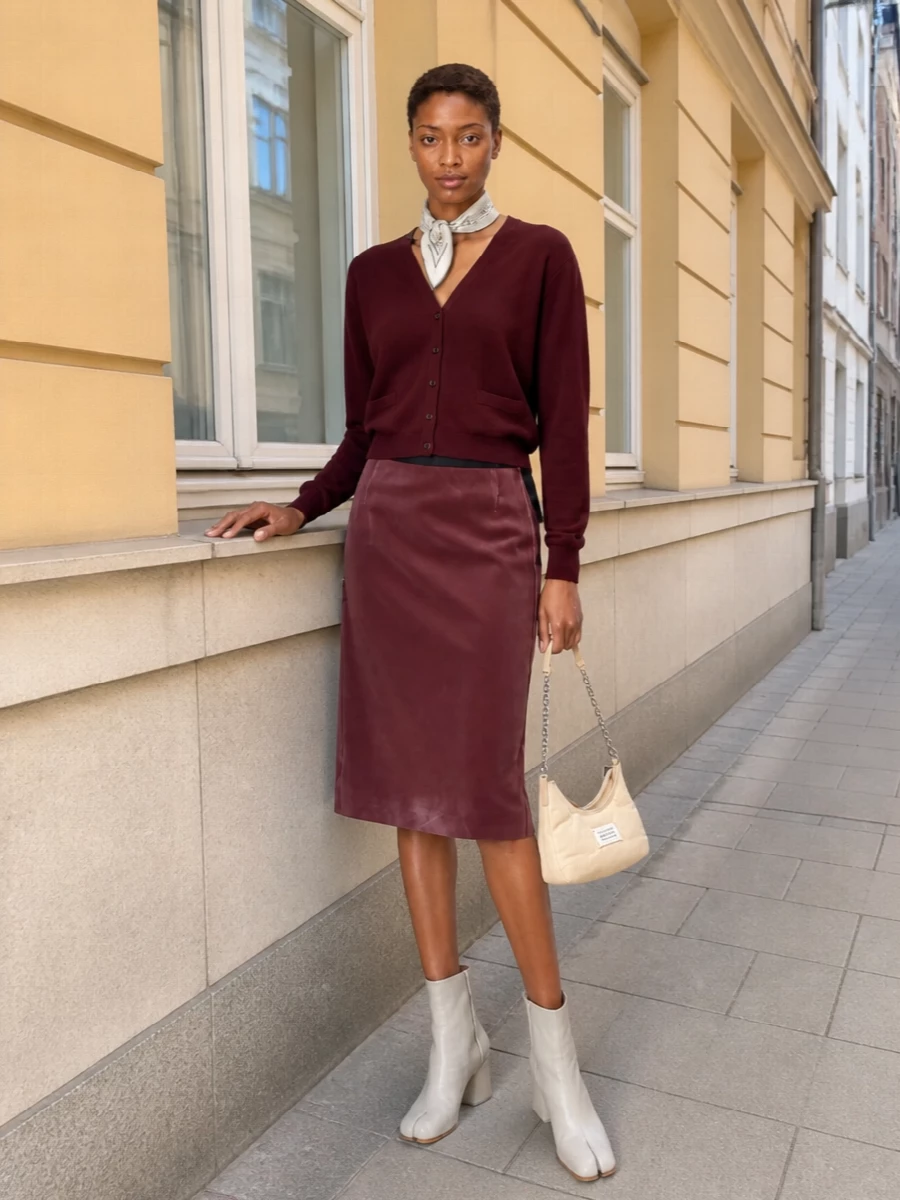 Maison margiela burgundy cardigan rosewood skirt outfit