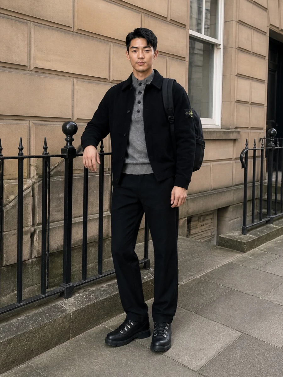 Stone island jacket black trousers hiking boots