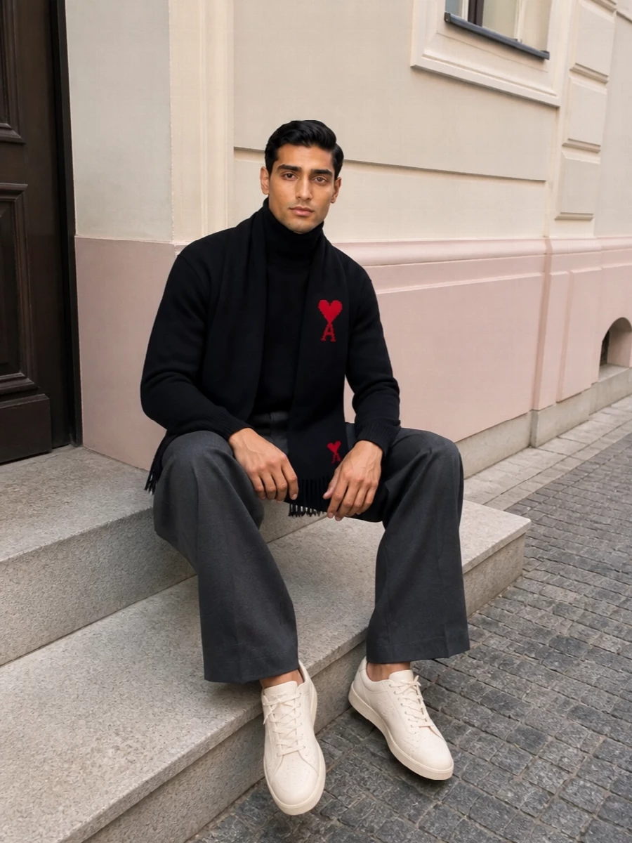Ami paris turtleneck wide leg trousers sneakers