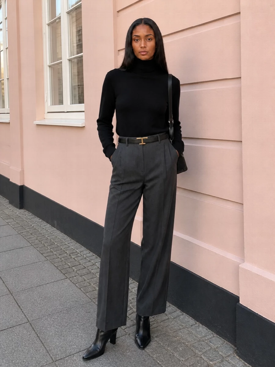 Toteme charcoal trousers black turtleneck outfit