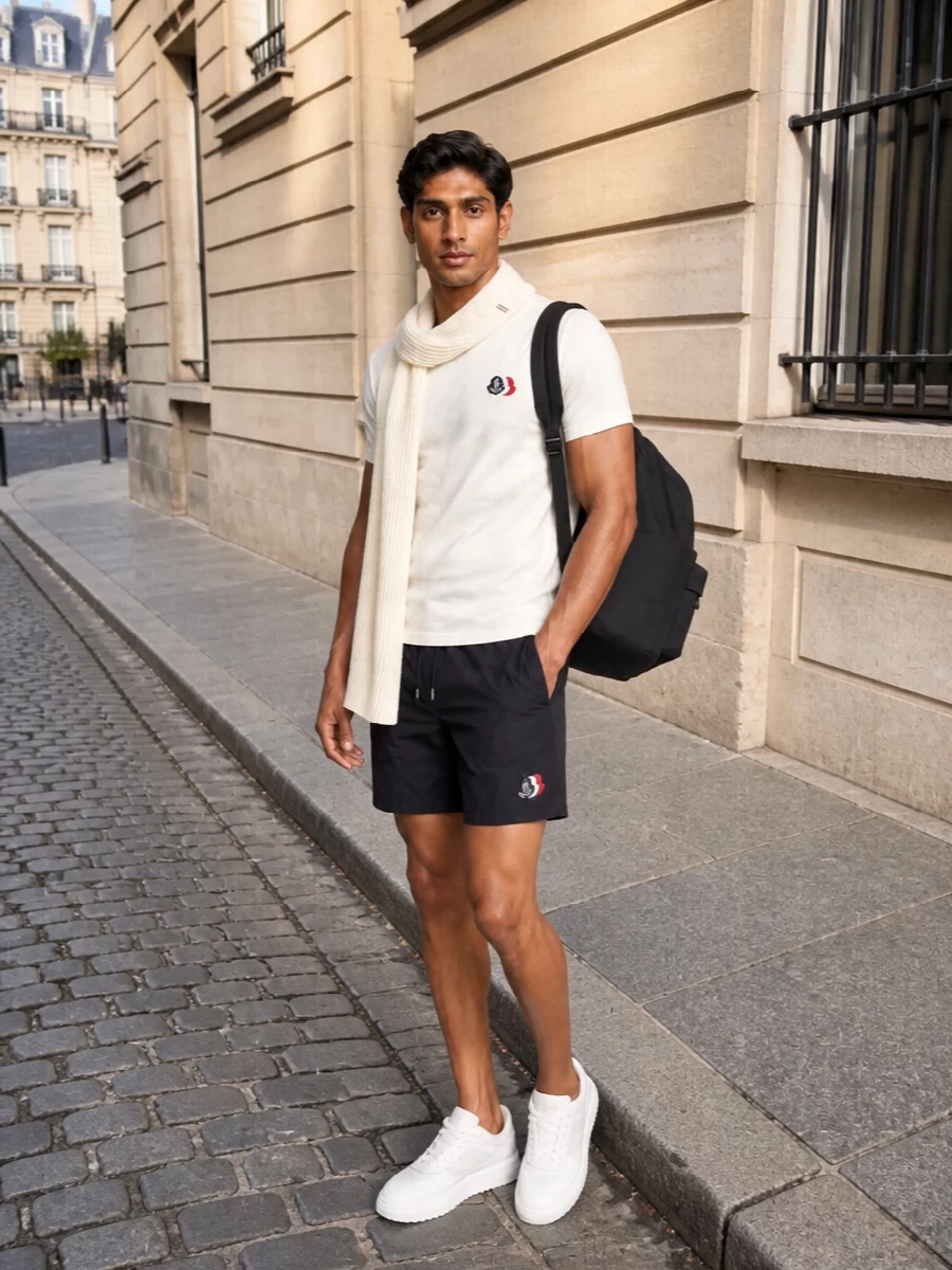 Moncler ivory tee navy shorts white sneakers