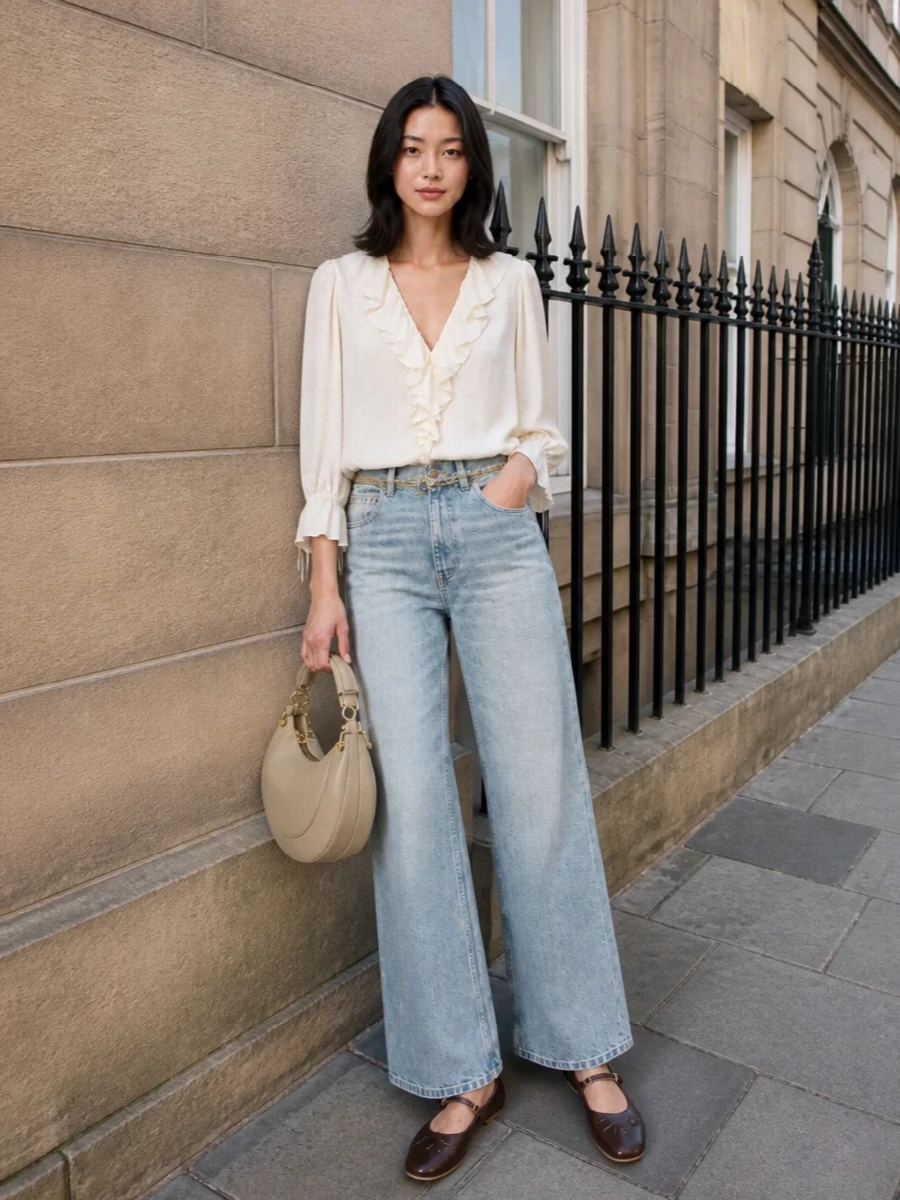A soft cream ruffle blouse pairs with high-rise light-wash wide-leg denim for a romantic yet unfussy take on daytime polish. Chocolate Mary-Jane flats keep the mood gentle and grounded, while a sand-beige hobo and slim gold chain belt add quiet structure and shine. The result feels relaxed, feminine, and quietly luxurious for city days or low-key dinners alike.