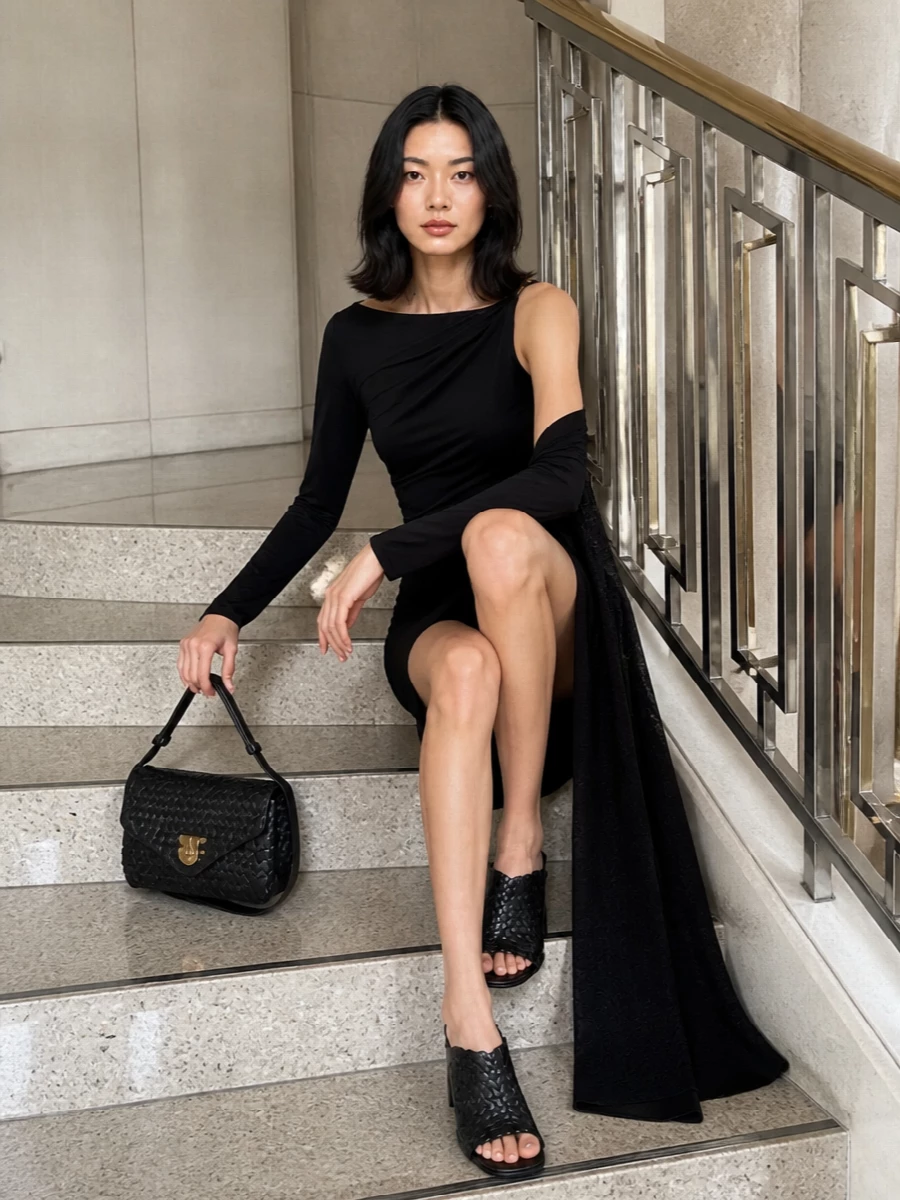 Bottega veneta black one shoulder dress outfit