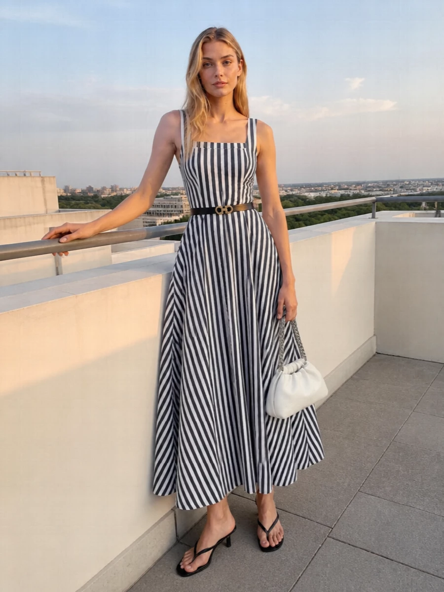 The graphic striped Sportmax sundress is sharpened with a slim black Ferragamo belt, emphasising the waist and letting the skirt move cleanly below. Sculpted black Jacquemus kitten-heel mules keep the monochrome line sleek yet effortless, while a compact soft-white Stella McCartney chain bag adds a refined, light-catching counterpoint for city cocktails or summer evenings. The result is a crisp, modern SS look that feels minimalist, preppy and unmistakably polished.