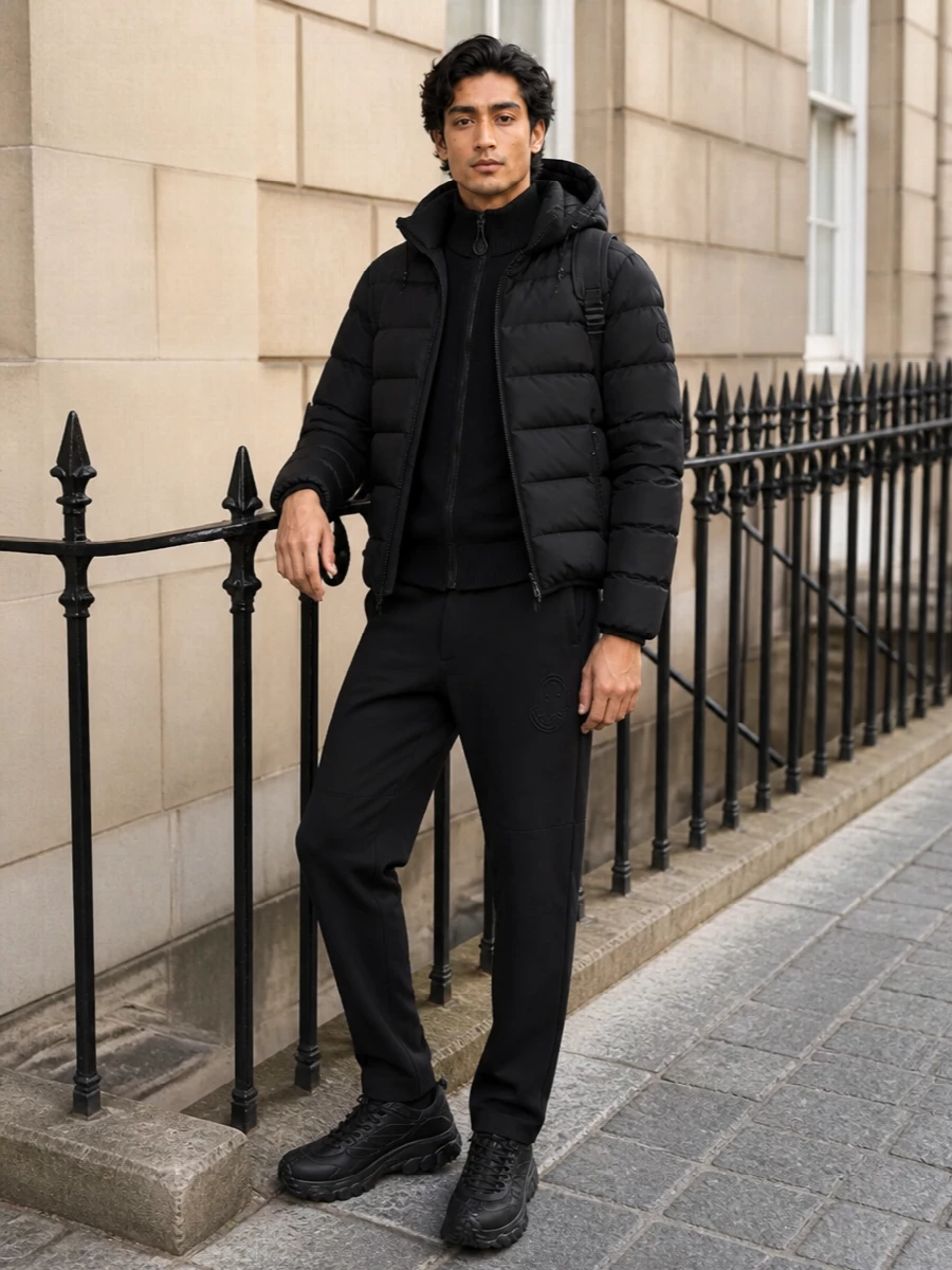 Moncler black puffer technical knit sneaker outfit