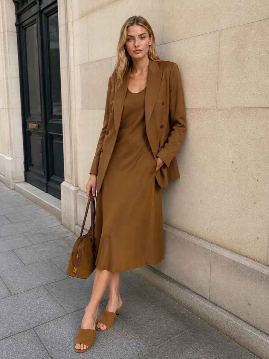 Max mara camel blazer caramel slip dress outfit
