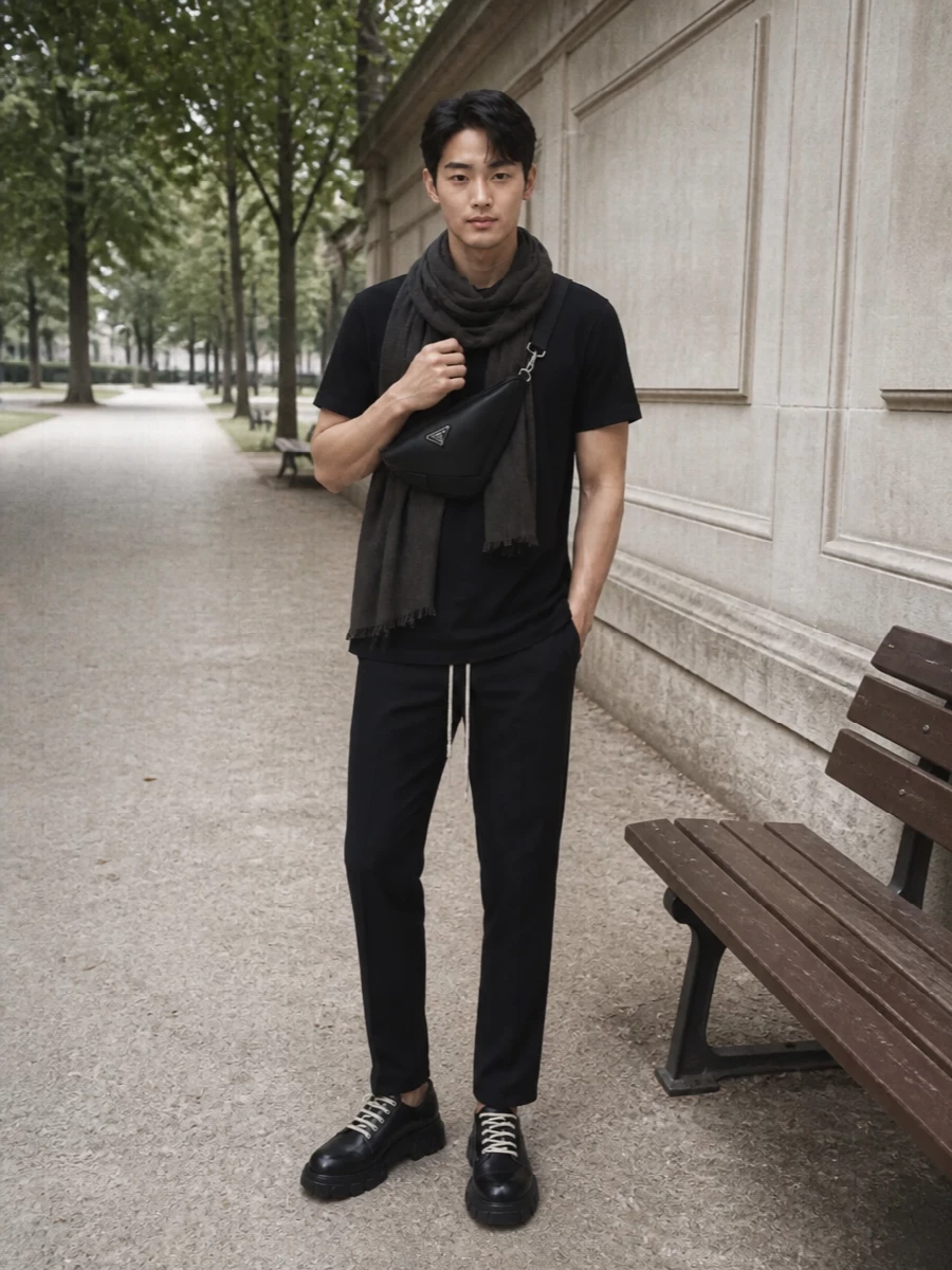 A longline black tee drops into disciplined Rick track pants and a sculptural black derby, keeping everything clean, dark and easy around the body. The Prada crossbody and Rick scarf add just enough structure and texture to keep this monochrome uniform feeling intentional rather than basic.