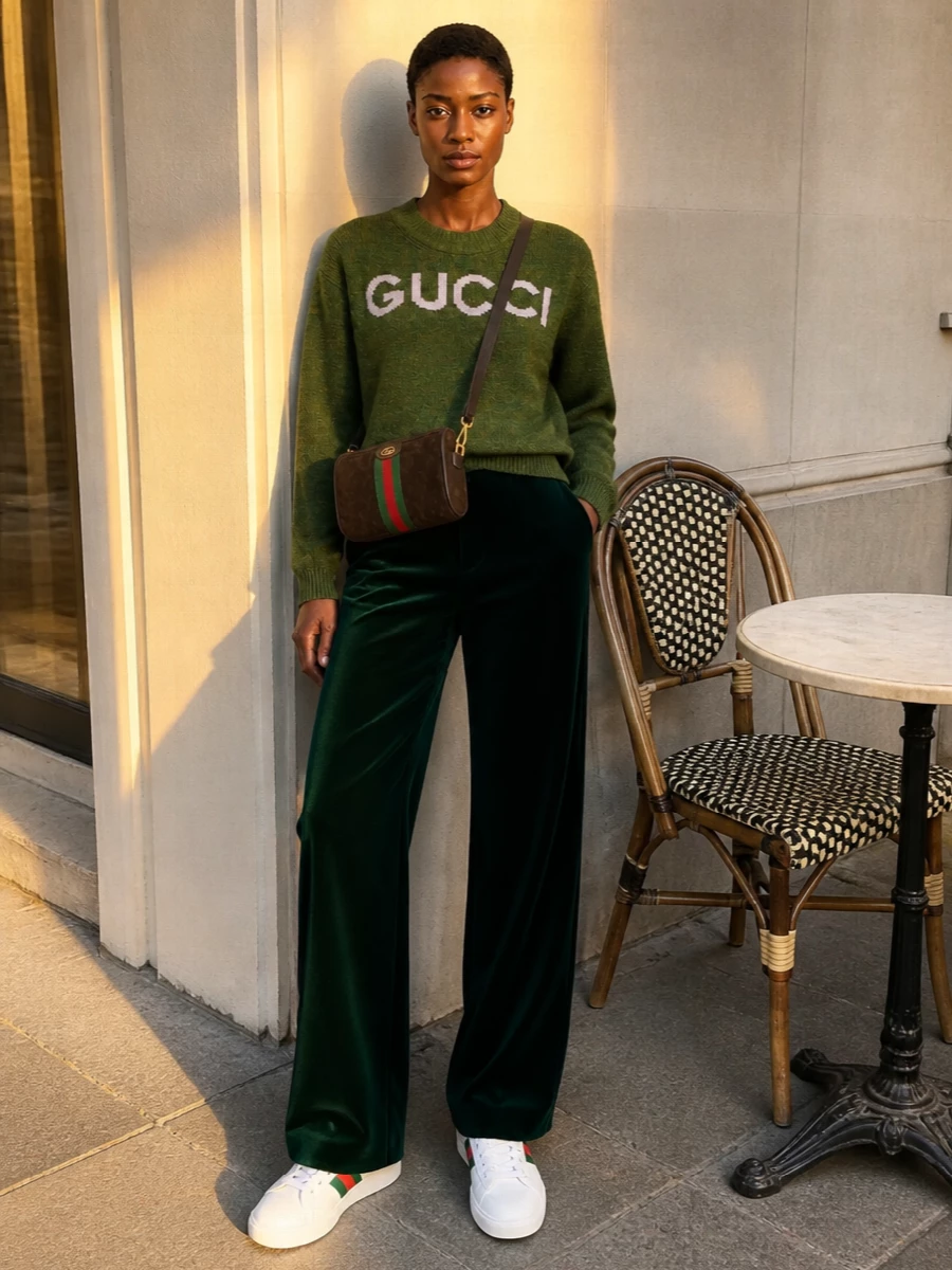 Forest-on-forest Gucci feels quietly bold here, with the logo knit melting into those deep green wide-leg trousers for a long, relaxed line. Clean white webbed sneakers keep it firmly in the streetwear realm, while the small chocolate cross-body adds just enough heritage detail without shouting. It is an easy, confident city uniform that still reads unmistakably designer.