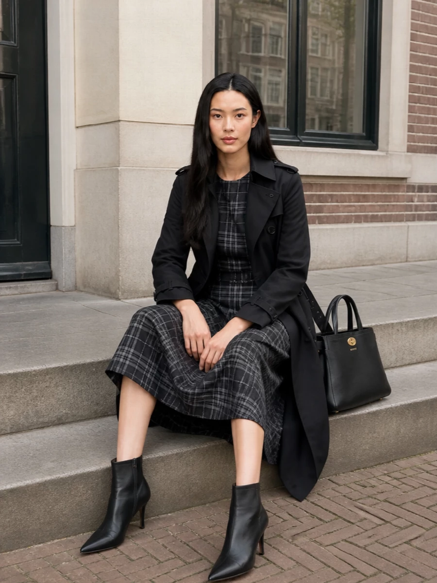 Burberry trench plaid midi dress ankle boots