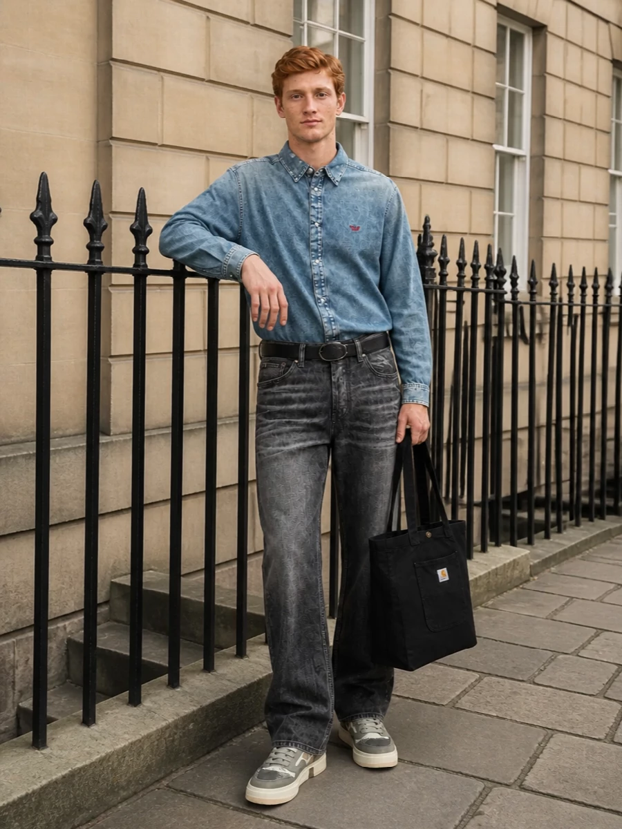 Faded Diesel denim on top with washed black jeans creates a tight, city-ready twist on double denim that feels easy rather than try-hard. Chunky neutral Represent sneakers and a black Carhartt tote pull the palette toward cool streetwear, while a clean Diesel belt gives just enough structure so the relaxed fit still feels considered. It is an off-duty uniform for cold days when you want denim texture, muted colour and low-key branding working together.