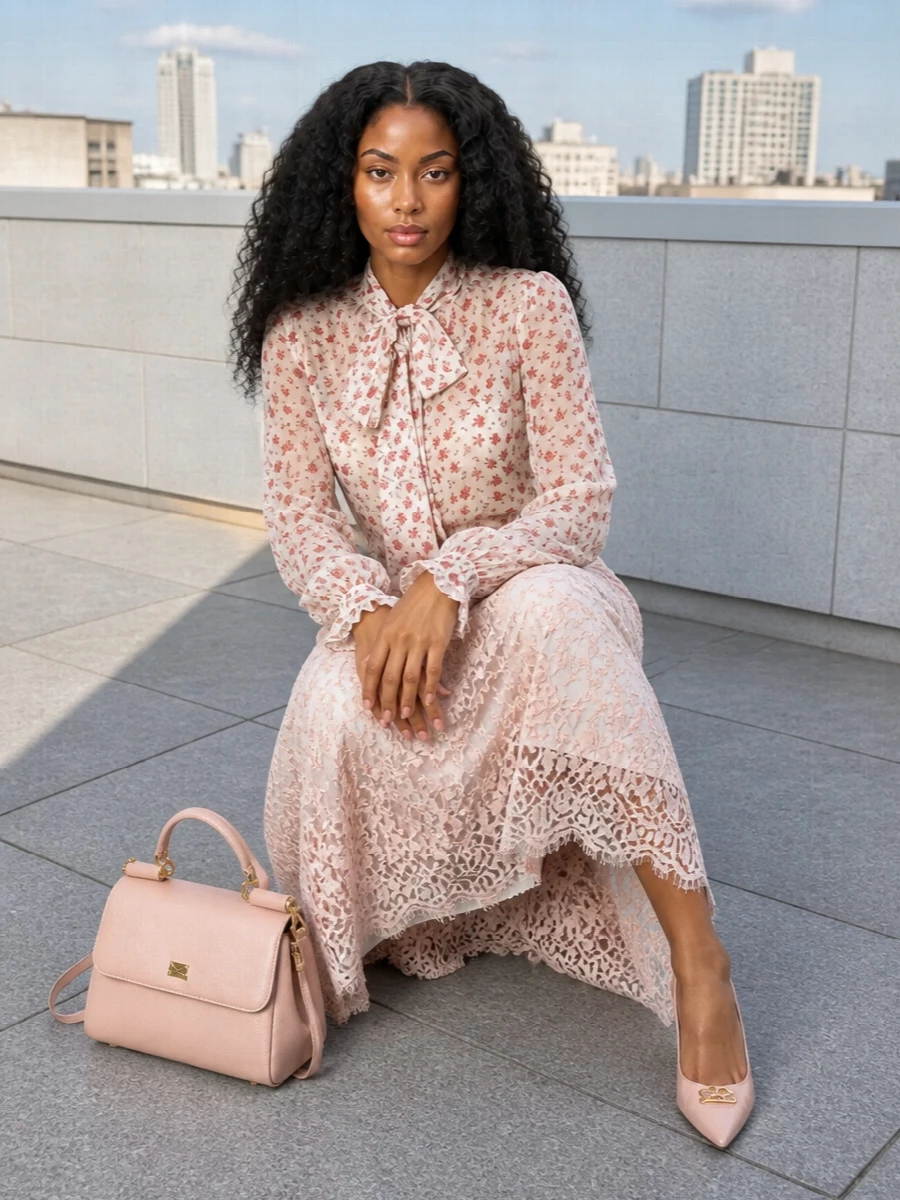 A whisper-light bow blouse meets a blush lace midi in a tonal play of sheer textures that feels soft yet composed. Blush slingbacks and a structured top-handle bag keep the palette refined while the proportions stay classic and feminine. It is a romantic cocktail ensemble that reads polished rather than saccharine, ideal for garden parties, dinners or dressy daytime events.