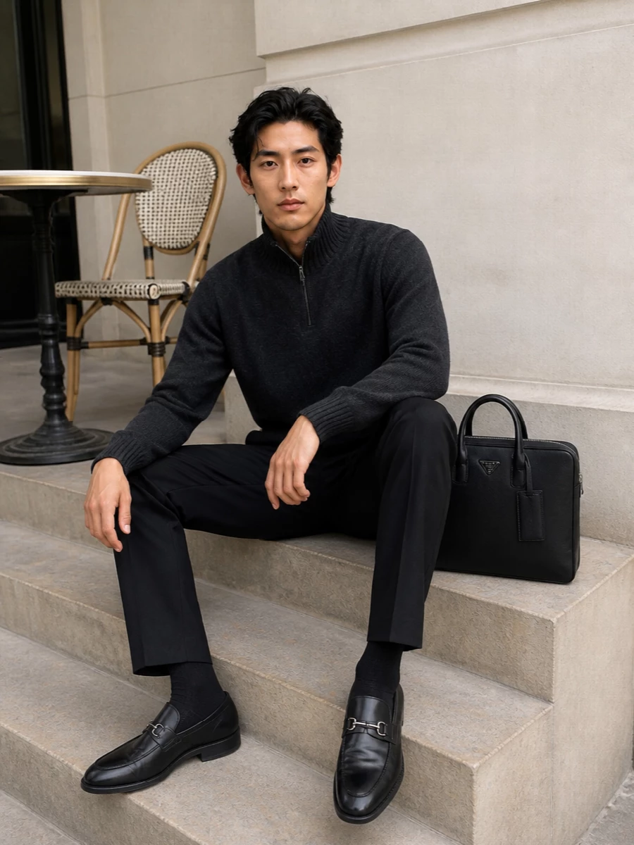 Ferragamo trousers charcoal half zip prada bag