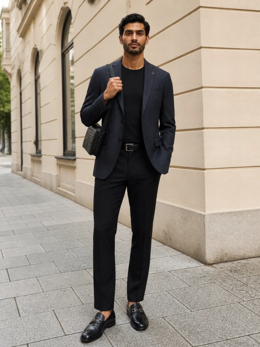 Pal zileri navy blazer black trousers loafers