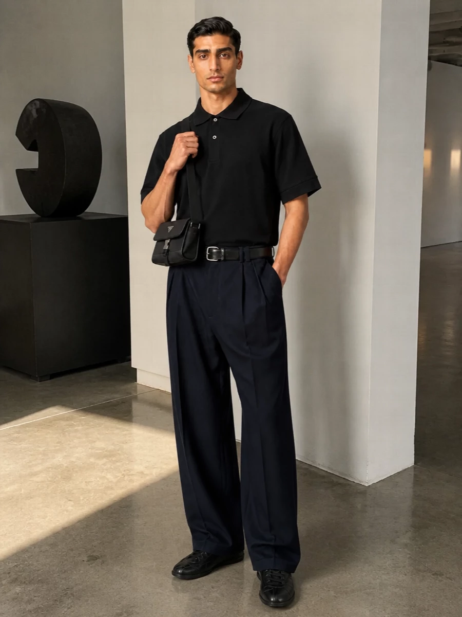 Studio Nicholson’s boxy black polo sits against deep navy wide-leg tailoring for a calm, graphic play of volume and shade. A slim all‑black Prada sneaker keeps the base clean and contemporary, while the structured Prada crossbody and Montblanc belt add subtle definition without disturbing the quiet ease.