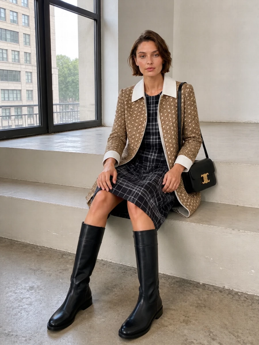 I am building around the dress path here, because a single tailored plaid midi reads cleaner and more intentional under the graphic Celine coat than adding a separate top and bottom. The result is a collegiate, city-ready uniform where the coat and dress share a preppy check language, grounded by sleek black riding boots and a compact Celine shoulder bag. It feels polished enough for desk-to-dinner, but still easy and wearable for everyday errands in colder weather.