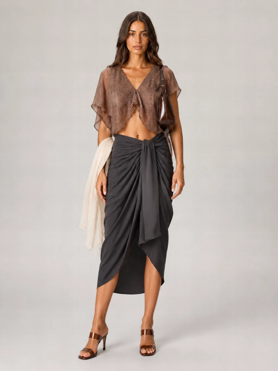 Kiko Kostadinov Silk Linen Striped Draped V-Neck Blouse