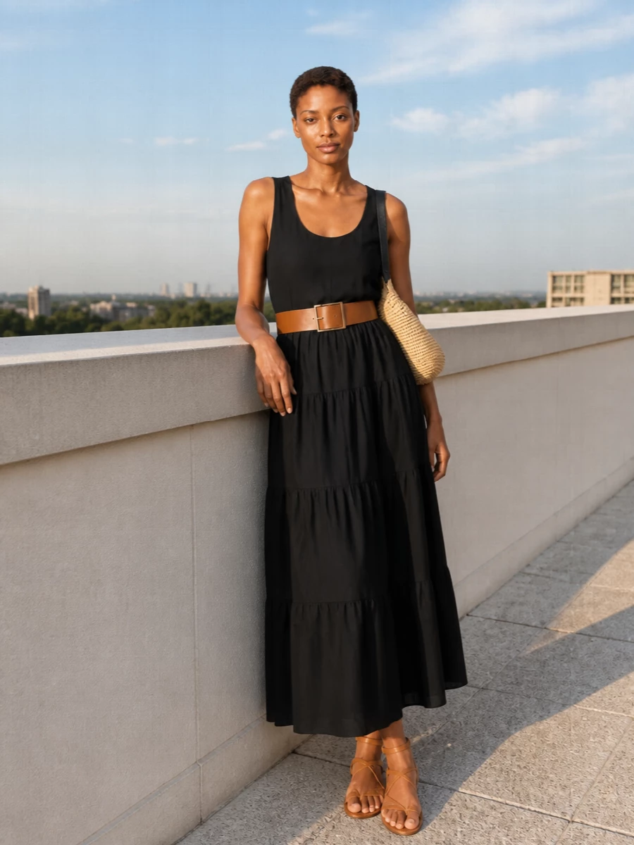Michael kors black maxi dress tan sandals