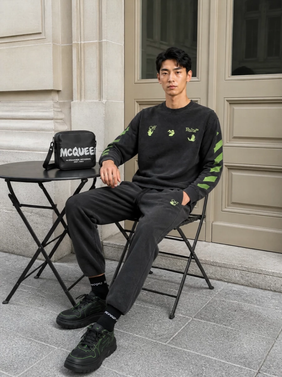 Off white neon tee black joggers sneakers