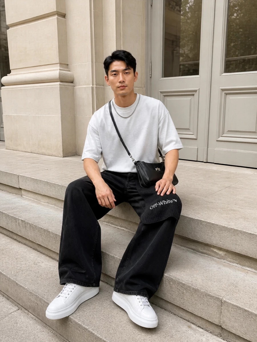Ambush wide leg jeans outfit mcqueen sneakers