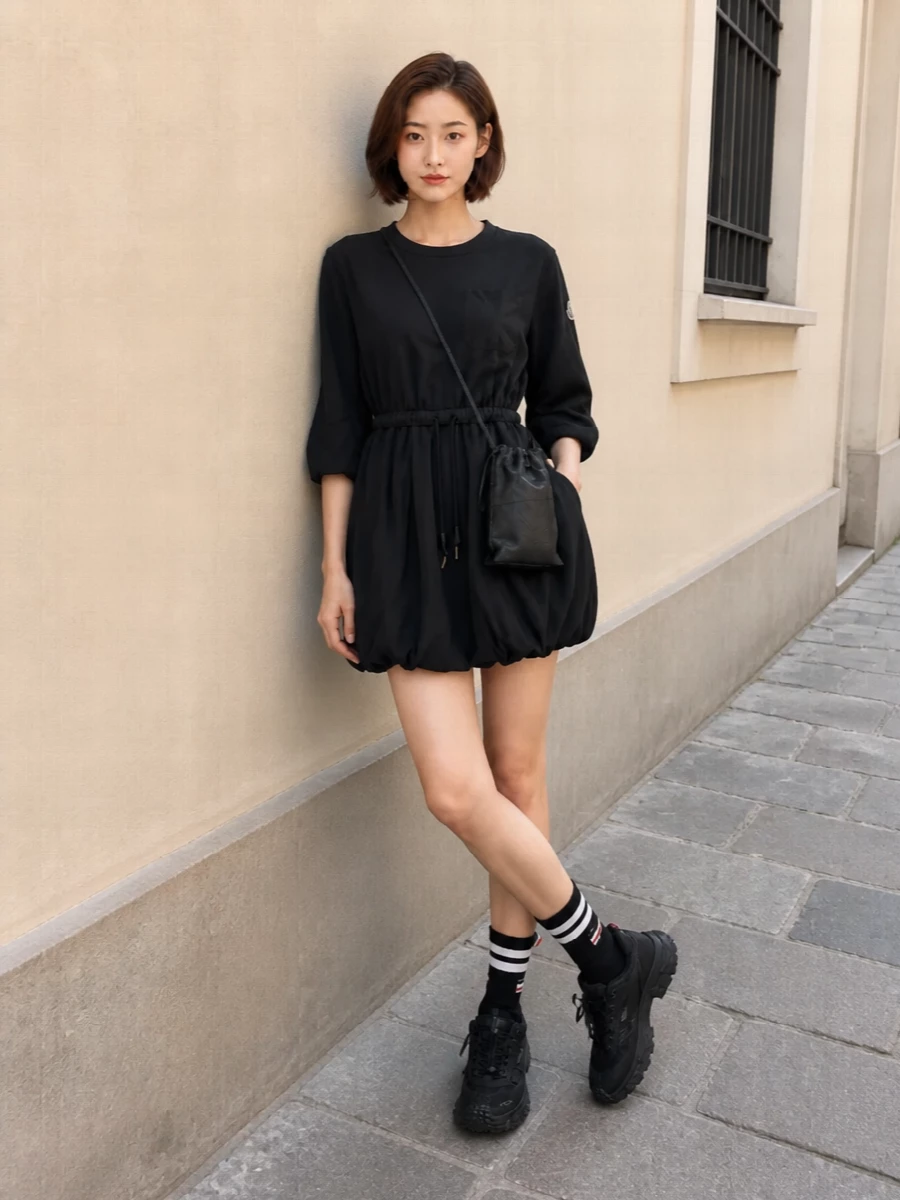 Moncler black sweatshirt dress chunky sneakers