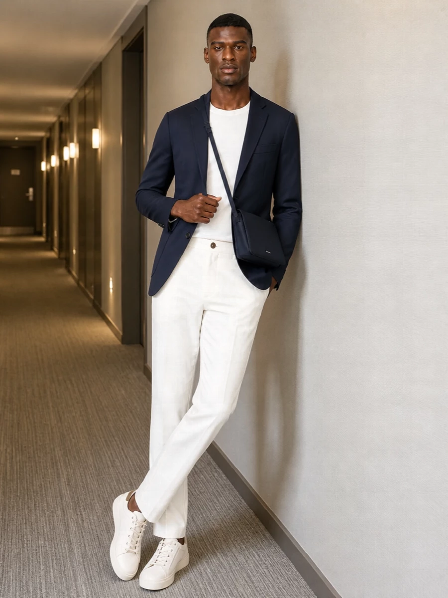 Herno navy blazer off white trousers outfit