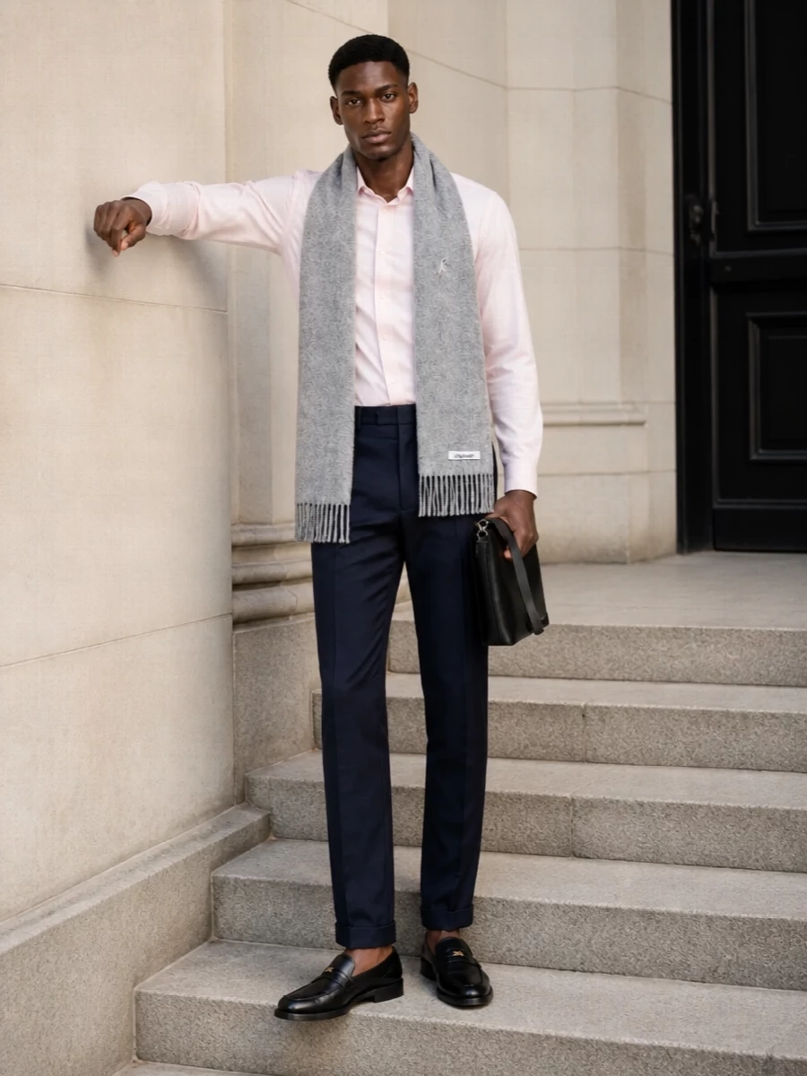 Moschino pink shirt navy trousers loafers