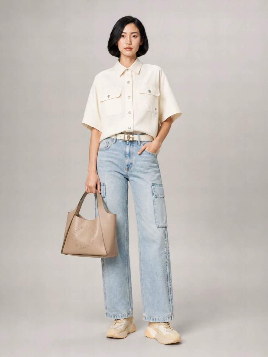 Soft utility neutrals and light-wash cargo denim meet in a relaxed, boxy-meets-straight silhouette that feels easy but intentional. The creamy shirt and tonal belt pull the waist into focus, while the sculpted sneakers and blush top-handle add just enough polish for city days. It is a clean, modern way to do cargo that still reads quietly luxurious rather than overtly streetwear.