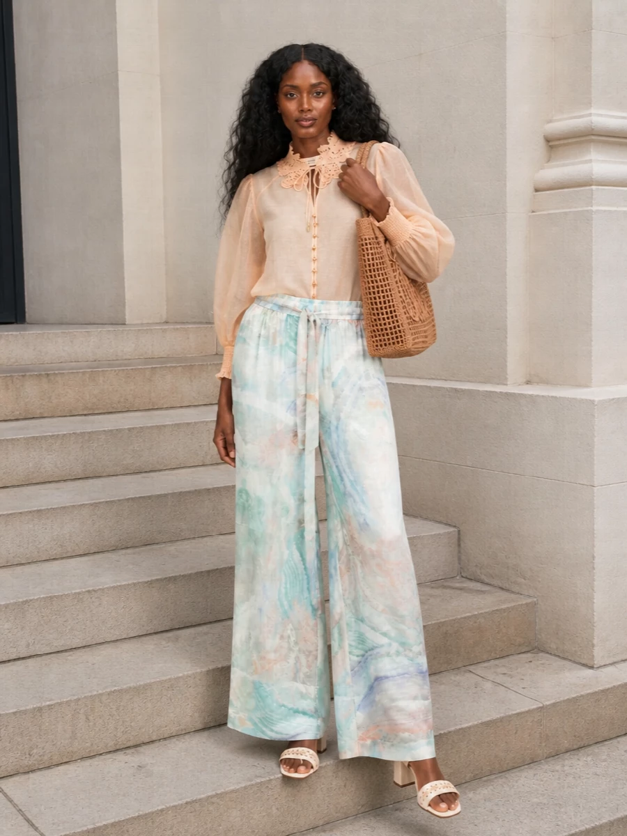 Zimmermann wide leg pants romantic sheer blouse