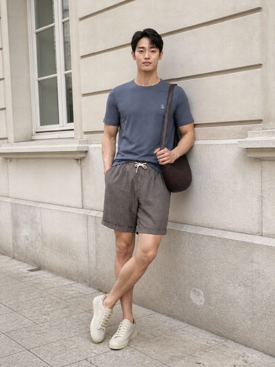 The slate-blue Brunello tee is paired with softly pleated taupe drawstring shorts for a relaxed yet impeccably groomed warm-weather silhouette. Eggshell low-top sneakers keep the palette light and understated, while the espresso Bottega crescent bag introduces a refined, architectural accent that stays firmly within the quiet-luxury universe. The result is an effortless SS off-duty look that reads polished without ever feeling over-styled.